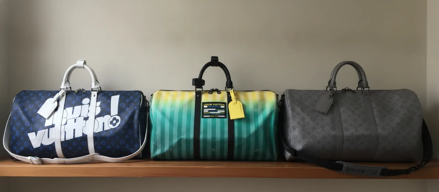 Three Louis Vuitton Keepalls lined up on a partner’s shelf, claimed through Samedaid windows