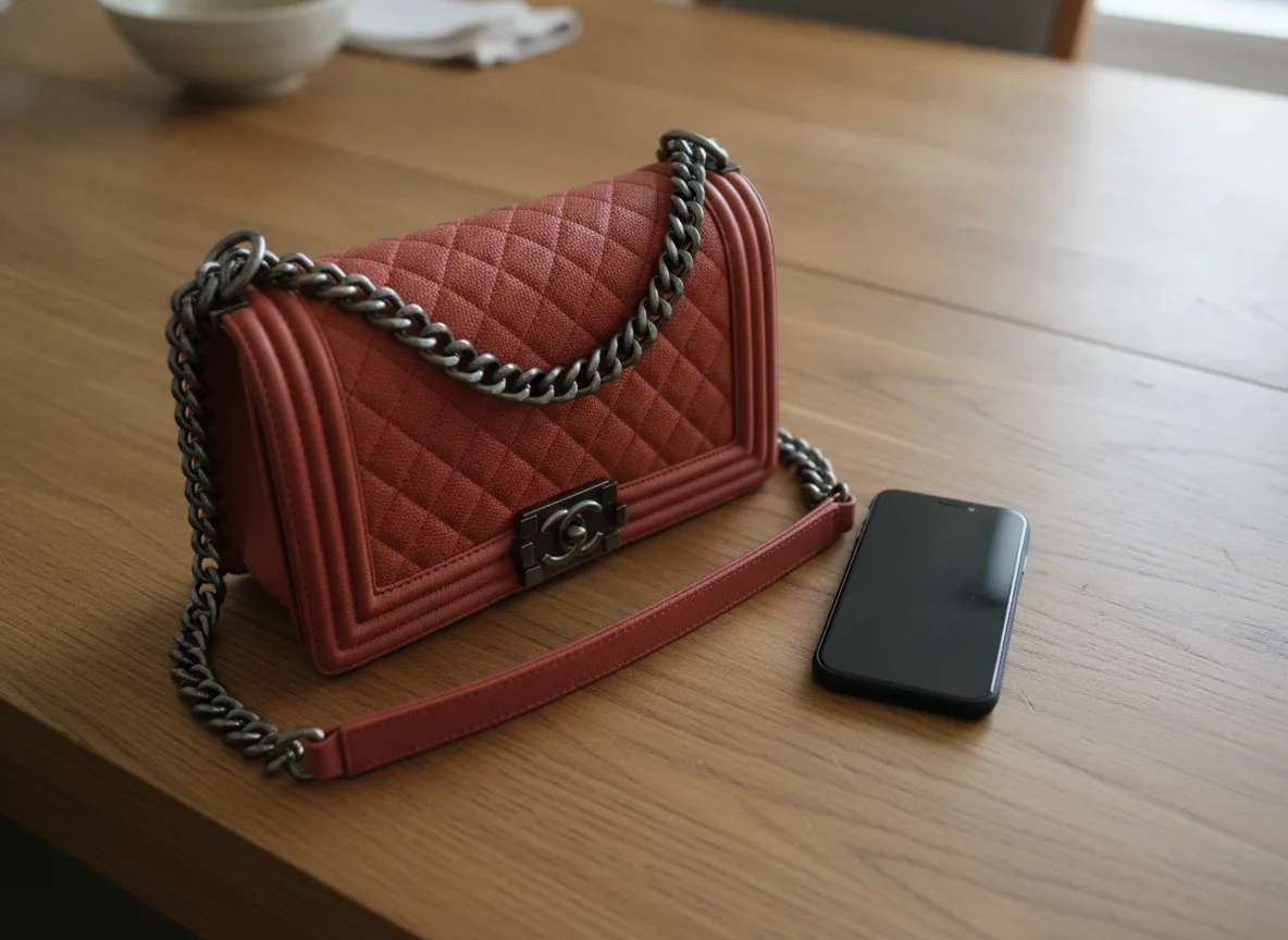 A quilted Chanel Boy bag on a kitchen table, phone beside it, ready to photograph